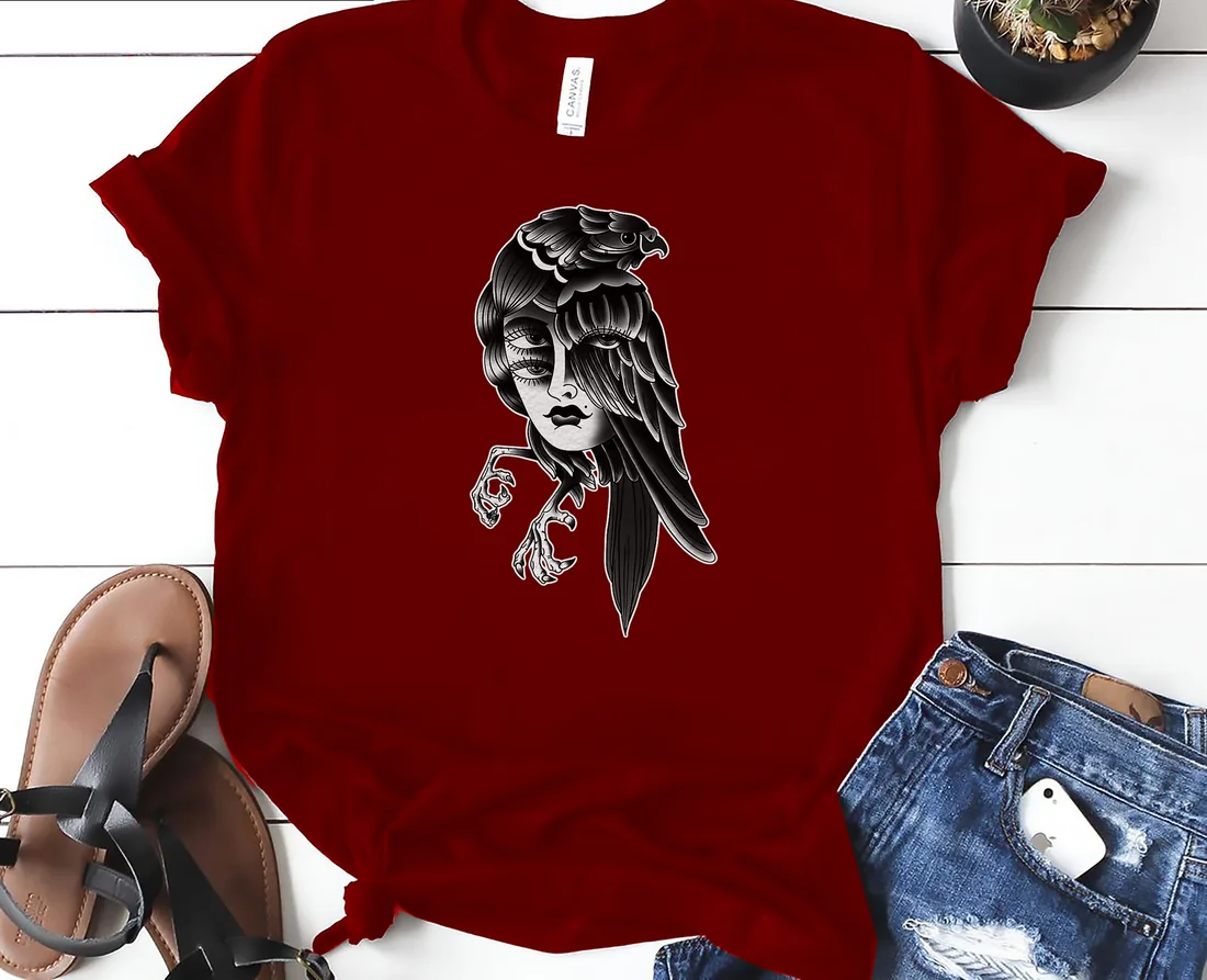 3 Eye Raven Viking Norse Girl Blackwork Premium Tri-Blend T-Shirt