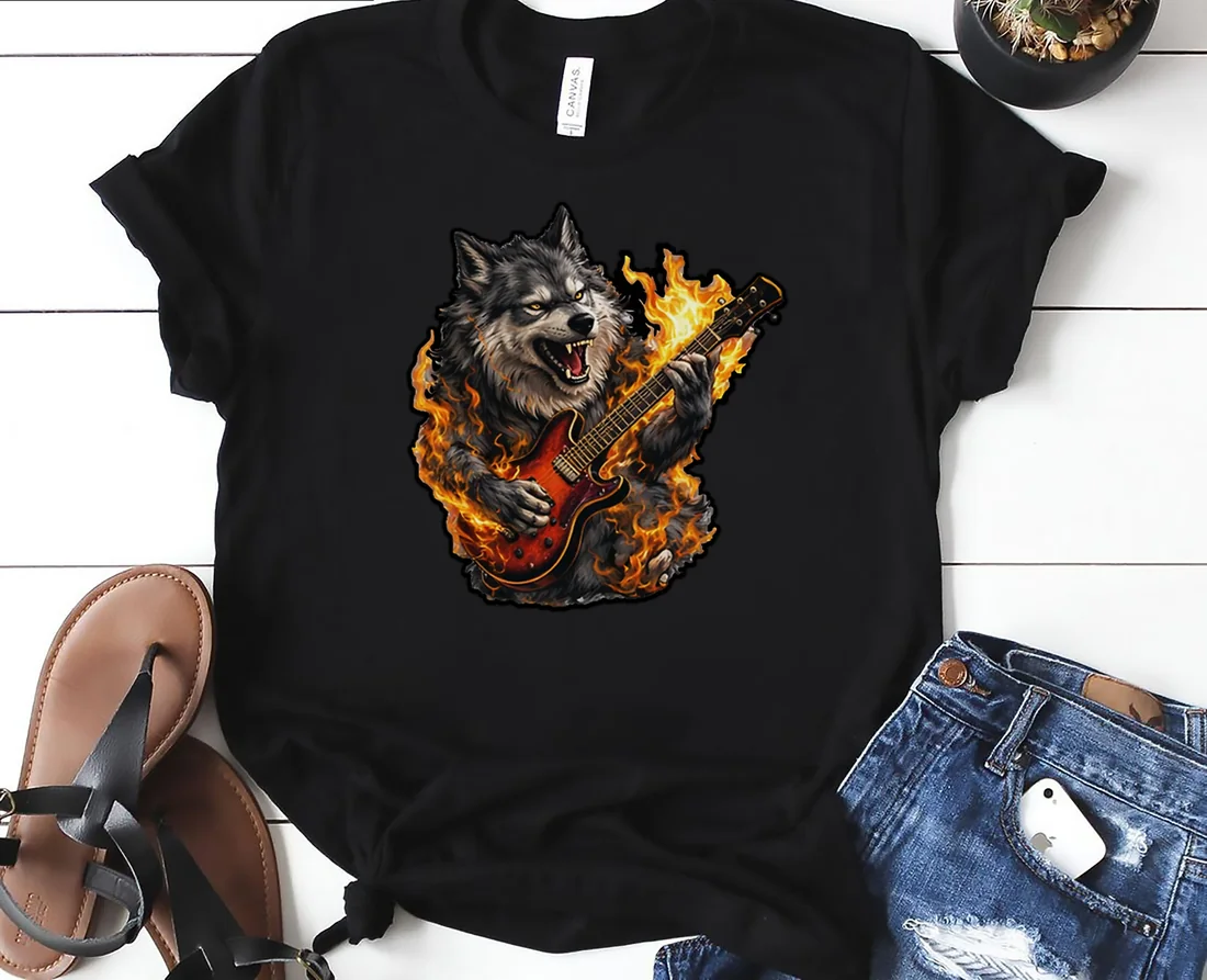 A wolf playing a fiery guitar - rock music Oversized T-Shirt